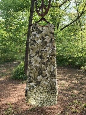 Boho Tropical Maxi Dress 1X Flowy Layered Resort Vacation Green